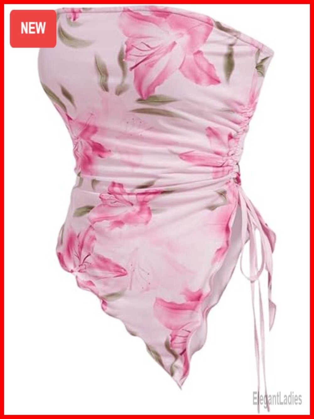 Floral Mesh Strapless Side Ruched Tube Top Asymmetrical Hem Bandeau Crop Top